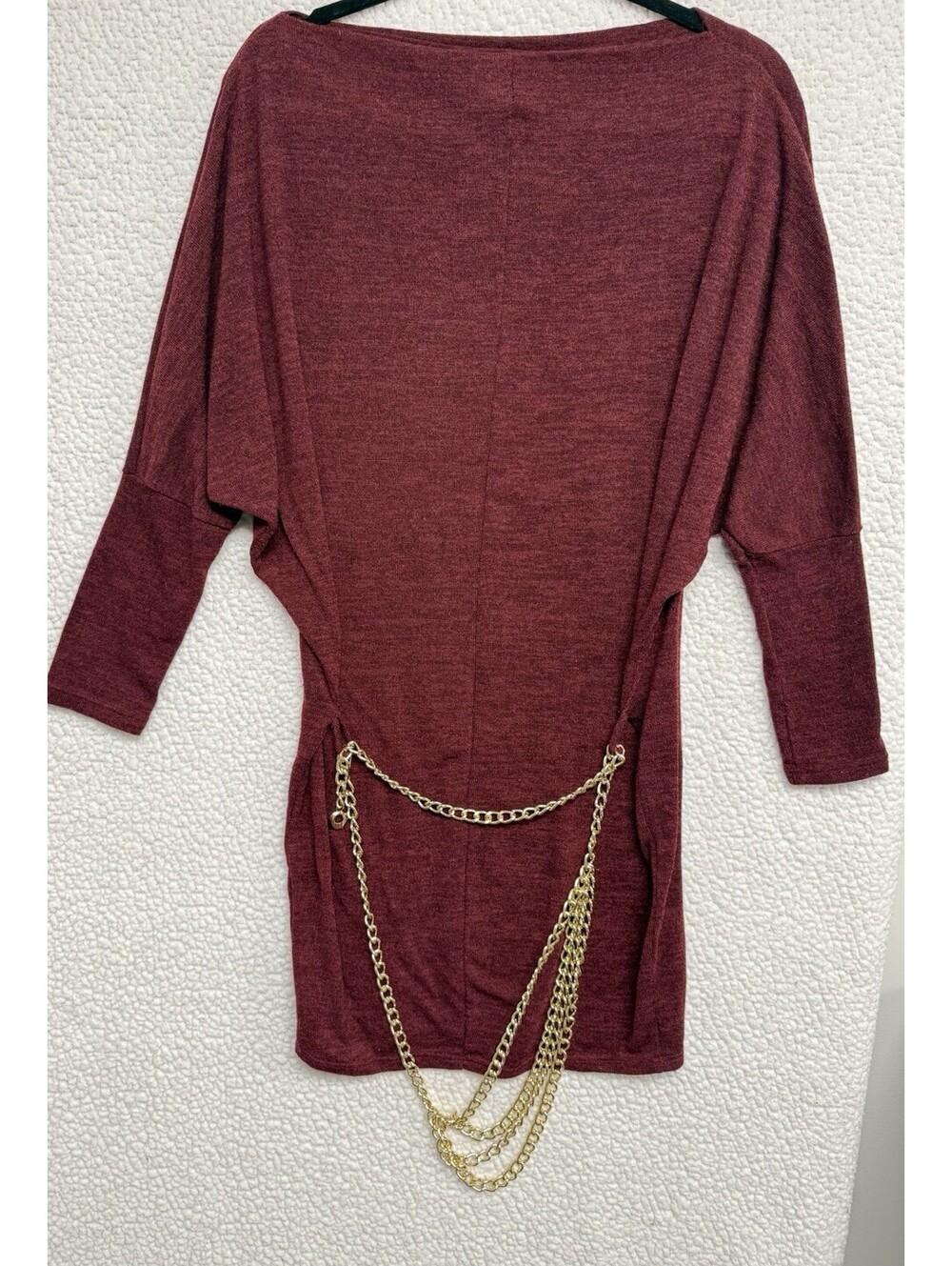 Day & Night Womens Maroon Knit Batwing Dress Tunic Gold Hip Chain Accent